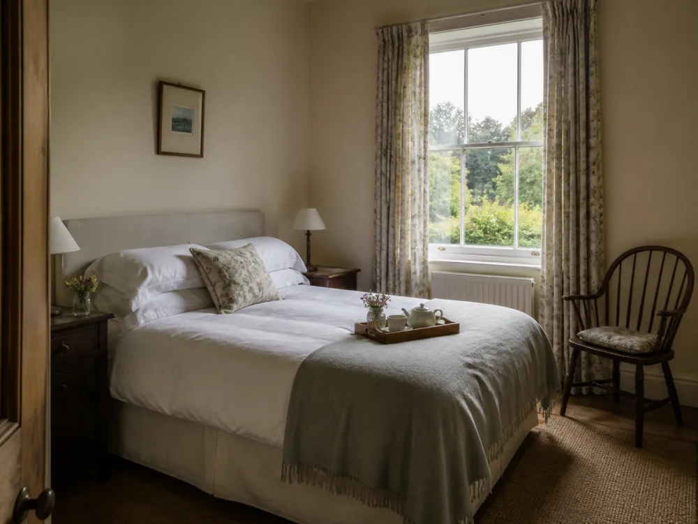A homely bed and breakfast guest room with a garden view