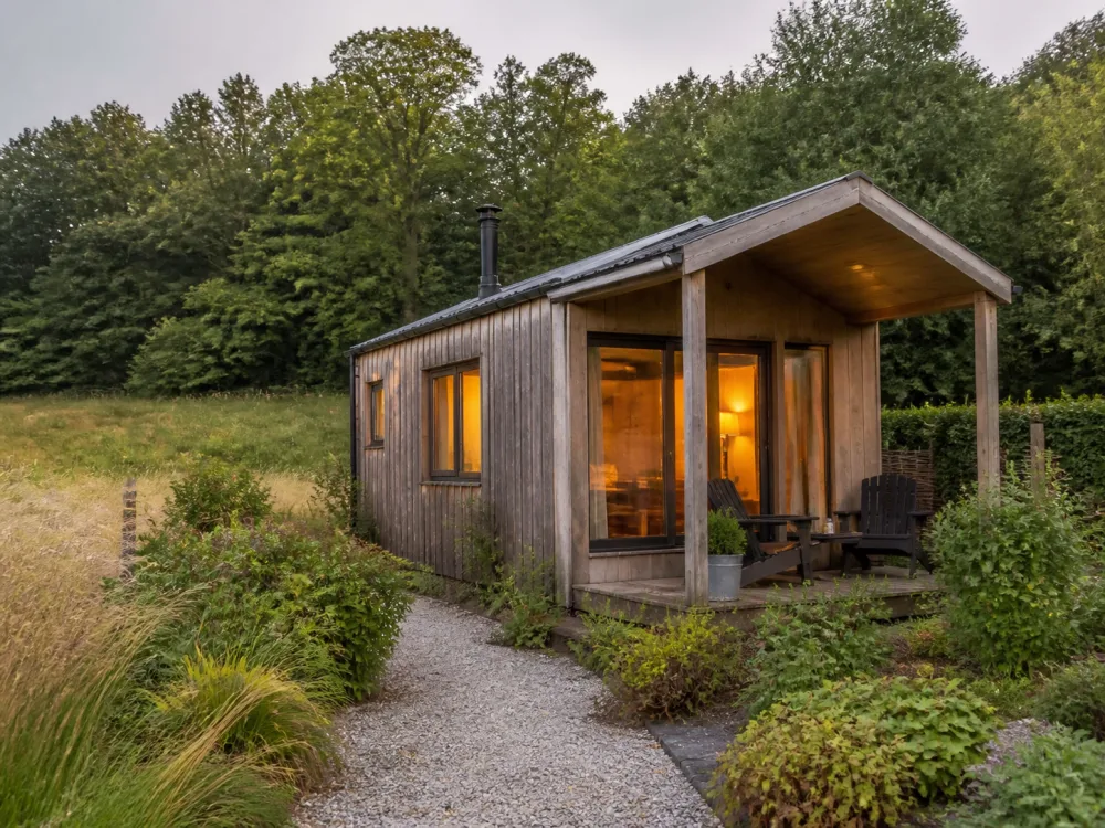 A timber holiday lodge at the edge of an English woodland